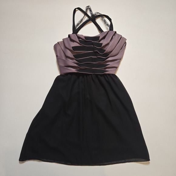 BCBGeneration Cocktail Dress Black Mauve Pleated Bodice Cross Strap Avant Size 4 - Picture 1 of 8